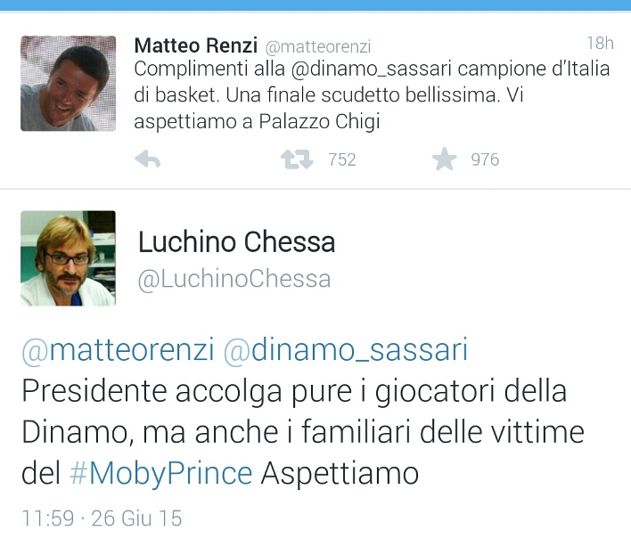 MOBY PRINCE, Renzi invita la Dinamo Campione a Palazzo Chigi. Chessa: “I familiari delle vittime aspettano ancora di essere ricevuti”